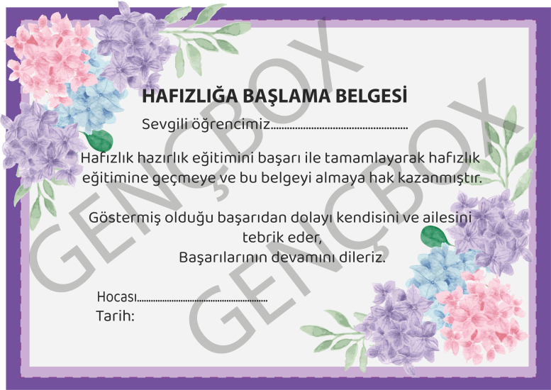 Hafızlığa Başlama Belgesi - Mor Çerçeve